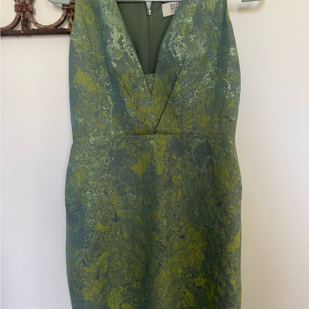 Badgley Mischka Olive and Moss V-Neck Midi Sheath Dress